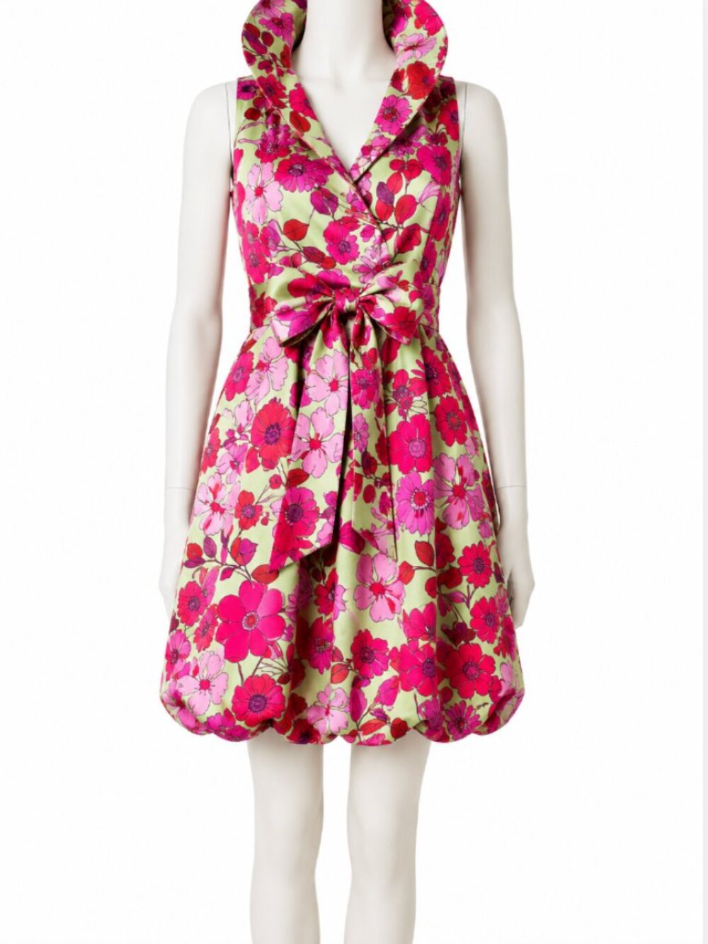 Samuel Dong Wired Collar Bubble Dress Floral Pink Green Sleeveless Size S